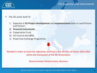  The CEI avails itself of:
1. Expertise in EU Project development and implementation both as Lead Partner
and Partner;
2. Financial instruments:
a) Cooperation Fund,
b) CEI Fund at the EBRD,
c) Know-how Exchange Programme.
Needed in order to reach the objectives outlined in the CEI Plan of Action 2014-2016
within the framework of the CEI Dimensions:
Governmental, Parliamentary, Business
CEI Expertise and Instruments
6
 