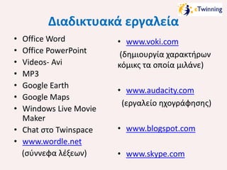 Διαδικτυακά εργαλεία
•
•
•
•
•
•
•

Office Word
Office PowerPoint
Videos- Avi
MP3
Google Earth
Google Maps
Windows Live Movie
Maker
• Chat στο Twinspace
• www.wordle.net
(σύννεφα λέξεων)

• www.voki.com
(δημιουργία χαρακτήρων
κόμικς τα οποία μιλάνε)
• www.audacity.com
(εργαλείο ηχογράφησης)
• www.blogspot.com
• www.skype.com

 