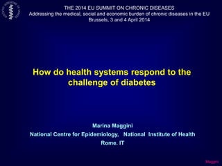 Maggini
THE 2014 EU SUMMIT ON CHRONIC DISEASES
Addressing the medical, social and economic burden of chronic diseases in the EU
Brussels, 3 and 4 April 2014
Marina Maggini
National Centre for Epidemiology, National Institute of Health
Rome. IT
How do health systems respond to the
challenge of diabetes
 