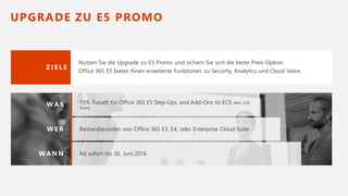 UPGRADE ZU E5 PROMO
W A S 15% Rabatt für Office 365 E5 Step-Ups and Add-Ons to ECS (Min. 250
Seats)
W E R Bestandskunden von Office 365 E3, E4, oder Enterprise Cloud Suite
W A N N Ab sofort bis 30. Juni 2016
Z I E L E
Nutzen Sie die Upgrade zu E5 Promo und sichern Sie sich die beste Preis-Option.
Office 365 E5 bietet Ihnen erweiterte Funktionen zu Security, Analytics und Cloud Voice.
 
