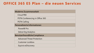 OFFICE 365 E5 Plan – die neuen Services
Moderne Zusammenarbeit
Cloud PBX
PSTN Conferencing in Office 365
PSTN Calling
Personalisierte Informationen
PowerBI Pro
Delve Org Analytics
BenutzerfreundlicheCompliance
Advanced Threat Protection
Customer Lockbox
Equivio eDiscovery
 