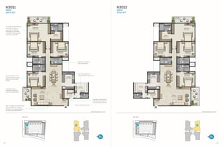 02 03
N3011
4BHK
3670 SFT
Key plan
N3 01
Luxurious master bedroom
with spacious walk-in
wardrobe and 20 feet
long balcony. Total area
of master bedroom space
itself is over 460 SFT
Vast L-shaped Living and Dining
area connected to an open
Kitchen. This space along with
the balcony is over 920 SFT
Large windows in each
room provide views and
plenty of natural light
and air
Extended balcony
provides a panoramic
view of the waterfront
Bathrooms designed
with great detail
Vast utility area with
special clothes drying zone
Domestic help quarters
with separate entrance,
and attached bathroom
Vastu compliant entrance
All dimensions in mm
BEDROOM-01
6280 x 4945
(20’ 6” x 16’ 2”)
BALCONY
6300 x 1650
(20’ 6” x 5’ 4”)
BATHROOM-01
3290 x 2040
(10’ 7” x 6’ 6”)
DRESS
3290 x 2745
(10’ 7” x 9’ 0”)
BEDROOM-03
4790 x 4130
(15’ 7” x 13’ 5”)
BATHROOM-03
3090 x 1800
(10’ 1” x 5’ 10”)
KITCHEN
3240 x 4580
(10’ 6” x 15’ 0”)
UTILITY
3690 x 2690
(12’ 1” x 8’ 8”)
UTILITY ROOM
3240 x 2340
(10’ 6” x 7’ 6”)
CLOTHESDRYINGAREA
LIVING
8380 x 5040
(27’ 4” x 16’ 5”)
BEDROOM-04
4870 x 4130
(15’ 9” x 13’ 5”)
BATHROOM-04
3370 x 1840
(11’ 0” x 6’ 0”)
BATHROOM-02
3370 x 1800
(11’ 0” x 5’ 9”)
BEDROOM-02
4870 x 4130
(15’ 9” x 13’ 5”)
BALCONY
2190 x 3680
(7’ 1” x 12’ 0”)
BATHROOM-05
2150 x 1300
(7’ 0” x 4’ 2”)
FOYER
1700 x 1890
(5’ 5” x 6’ 2”)
ENTRY
DINING
4500 x 6290
(14’ 7” x 20’ 6”)
N3012
4BHK
3710 SFT
Key plan
N3 02
All dimensions in mm
BALCONY
6300 x 1650
(20’ 6” x 5’ 4”)
BEDROOM-01
6280 x 4945
(20’ 6” x 16’ 2”)
BEDROOM-02
4870 x 4130
(15’ 9” x 13’ 5”)
BATHROOM-02
3370 x 1800
(11’ 0” x 5’ 9”)
BATHROOM-04
3370 x 1840
(11’ 0” x 6’ 0”)
BEDROOM-04
4870 x 4130
(15’ 9” x 13’ 5”)
BALCONY
2190 x 5080
(7’ 1” x 16’ 6”)
LIVING
8380 x 5040
(27’ 4” x 16’ 5”)
FOYER
1700 x 1930
(5’ 7” x 6’ 3”)
UTILITY ROOM
3240 x 2300
(10’ 6” x 7’ 5”)BATHROOM-05
2150 x 1300
(7’ 0” x 4’ 2”)
UTILITY
3690 x 2690
(12’ 1” x 8’ 8”)
KITCHEN
3240 x 4580
(10’ 6” x 15’ 0”)
DINING
4500 x 6290
(14’ 7” x 20’ 6”)
BATHROOM-03
3090 x 1800
(10’ 1” x 5’ 9”)
BEDROOM-03
4790 x 4130
(15’ 7” x 13’ 5”)
DRESS
3290 x 2745
(10’ 7” x 9’ 0”)
BATHROOM-01
3290 x 2040
(10’ 7” x 6’ 6”)
CLOTHESDRYINGAREA
ENTRY
 