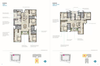 06 07
E1011
4BHK
3061 SFT
Key plan
E1
01
Luxurious master bedroom
with spacious walk-in
wardrobe and large
windows. Total area of
master bedroom space is
over 342 SFT
Vast Living and Dining
area connected to an open
Kitchen. This space along
with the balcony is over
802 SFT
Bathrooms designed
with great detail
Vast utility area with
special clothes drying zone
Domestic help quarters
with attached bathroom
Vastu compliant entrance
Extended balcony
provides a panoramic
view of the waterfront
Windows facing the Urban Park
and waterfront. These provide
great all round views
All dimensions in mm
ENTRY
FOYER
2040 x 1700
(6’ 6” x 5’ 5”)
BEDROOM-04
4330 x 3530
(14’ 2” x 11’ 5”)
BATHROOM-04
3130 x 1600
(10’ 2” x 5’ 2”)
BEDROOM-03
4330 x 3880
(14’ 2” x 12’ 7”)
BATHROOM-03
1830 x 2900
( 6’ x 9’ 5”)
BATHROOM-02
3030 x 1750
( 9’ 9” x 5’ 7”)
BEDROOM-02
4330 x 4770
(14’ 2” x 15’ 6”)
BALCONY
4500 x 1900
(14’ 7” x 6’ 2”)
BEDROOM-01
4280 x 5500
(14’ x 18’)
DRESS
2840 x 1980
(9’ 3” x 6’ 4”)
BATHROOM-01
3180 x 2000
(10’ 4” x 6’ 5”)
LIVING / DINING
4500 x 11160
(14’ 7” x 36’ 6”)
KITCHEN
4280 x 3880
(14’ x 12’ 7”)
UTILITY
4330 x 2040
(14’ 2” x 6’ 6”)
UTILITY ROOM
2230 x 2300
(7’ 3” x 7’ 5”)
BATHROOM
1280 x 1890
(4’ 1” x 6’ 2”)
CLOTHESDRYING
AREA
E1012
3BHK + STUDY
2482 SFT
Key plan
E1
02
Luxurious master bedroom
with large windows. Total
area of master bedroom
space is over 260 SFT
Vast Living and Dining
area connected to an
open Kitchen. This space
along with the balcony
is over 570 SFT
Bathrooms designed
with great detail
Vast utility area
Parallel kitchen
Vastu compliant entrance
Extended balcony
provides a panoramic
view of the waterfront
Windows facing the Urban Park
and waterfront. These provide
great all round views
Domestic help quarters
with attached bathroom
All dimensions in mm
BATHROOM-02
1840 x 3080
(6’ x 10’ 1”)
FOYER
1890 x 1640
(6’ 2” x 5’ 3”)
BEDROOM-03
3950 x 4380
(12’ 9” x 14’ 3”)
BATHROOM-03
1640 x 3080
( 5’ 3” x 10’ 1”)
BATHROOM
1330 x 1890
(4’ 3” x 6’ 2”)
UTILITY
4350 x 1500
(14’ 2” x 4’ 9”)
UTILITY ROOM
2940 x 2330
(9’ 6” x 7’ 6”)BEDROOM-02
3930 x 5040
(12’ 8” x 16’ 5”)
BEDROOM-01
3930 x 6080
(12’ 8” x 19’ 9”)
BATHROOM-01
1840 x 3480
(6” x 11’ 4”) BALCONY
4300 x 1950
(14’ 1” x 6’ 3”) STUDY
3040 x 3440
(9’ 9” x 11’ 2”)
KITCHEN
2740 x 3530
(8’ 9” x 11’ 5”)
LIVING / DINING
7500 x 4640
(24’ 6” x 15’ 2”)
ENTRY
 