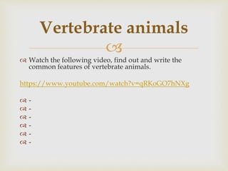 
 Watch the following video, find out and write the
common features of vertebrate animals.
https://www.youtube.com/watch?v=qRKoGO7hNXg
 -
 -
 -
 -
 -
 -
Vertebrate animals
 