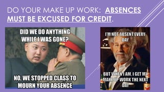 DO YOUR MAKE UP WORK: ABSENCES
MUST BE EXCUSED FOR CREDIT.
 