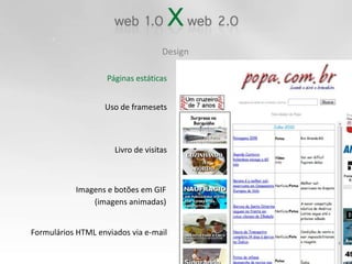 DesignPáginas estáticasUso de framesetsLivro de visitasImagens e botões em GIF(imagens animadas)Formulários HTML enviados via e-mail