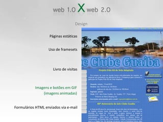 DesignPáginas estáticasUso de framesetsLivro de visitasImagens e botões em GIF(imagens animadas)Formulários HTML enviados via e-mail