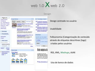 DesignDesign centrado no usuárioUsabilidadeFolksonomia (Categorização de conteúdo através de etiquetas descritivas [tags] criadas pelos usuáriosRSS, XML, Mashups, AJAXUso de banco de dados