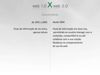 Característicasdesde 2004de 1991 a 2003Fluxo de informação de via única, apenas leituraFluxo de informação em duas vias, permitindo ao usuário interagir com oconteúdo, compartilhá-lo ou atécolaborar com a sua criação.Mudança no comportamento de uso da web