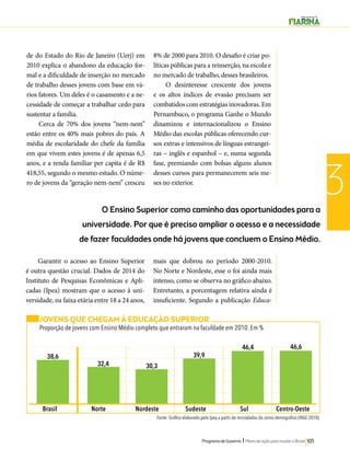 O Ensino Superior como caminho das oportunidades para a 
universidade. Por que é preciso ampliar o acesso e a necessidade 
de fazer faculdades onde há jovens que concluem o Ensino Médio. 
Programa de Governo l Plano de ação para mudar o Brasil 105 
3 
Garantir o acesso ao Ensino Superior 
é outra questão crucial. Dados de 2014 do 
Instituto de Pesquisas Econômicas e Apli-cadas 
(Ipea) mostram que o acesso à uni-versidade, 
na faixa etária entre 18 a 24 anos, 
mais que dobrou no período 2000-2010. 
No Norte e Nordeste, esse o foi ainda mais 
intenso, como se observa no gráfico abaixo. 
Entretanto, a porcentagem relativa ainda é 
insuficiente. Segundo a publicação Educa- 
de do Estado do Rio de Janeiro (Uerj) em 
2010 explica o abandono da educação for-mal 
e a dificuldade de inserção no mercado 
de trabalho desses jovens com base em vá-rios 
fatores. Um deles é o casamento e a ne-cessidade 
de começar a trabalhar cedo para 
sustentar a família. 
Cerca de 70% dos jovens “nem-nem” 
estão entre os 40% mais pobres do país. A 
média de escolaridade do chefe da família 
em que vivem estes jovens é de apenas 6,5 
anos, e a renda familiar per capita é de R$ 
418,55, segundo o mesmo estudo. O núme-ro 
de jovens da “geração nem-nem” cresceu 
8% de 2000 para 2010. O desafio é criar po-líticas 
públicas para a reinserção, na escola e 
no mercado de trabalho, desses brasileiros. 
O desinteresse crescente dos jovens 
e os altos índices de evasão precisam ser 
combatidos com estratégias inovadoras. Em 
Pernambuco, o programa Ganhe o Mundo 
dinamizou e internacionalizou o Ensino 
Médio das escolas públicas oferecendo cur-sos 
extras e intensivos de línguas estrangei-ras 
– inglês e espanhol – e, numa segunda 
fase, premiando com bolsas alguns alunos 
desses cursos para permanecerem seis me-ses 
no exterior. 
JOVENS QUE CHEGAM À EDUCAÇÃO SUPERIOR 
Proporção de jovens com Ensino Médio completo que entraram na faculdade em 2010. Em % 
Brasil Norte Nordeste Sudeste Sul Centro-Oeste 
Fonte: Gráfico elaborado pelo Ipea a partir de microdados do censo demográfico (IBGE 2010). 
38,6 
32,4 30,3 
39,9 
46,4 46,6 
 