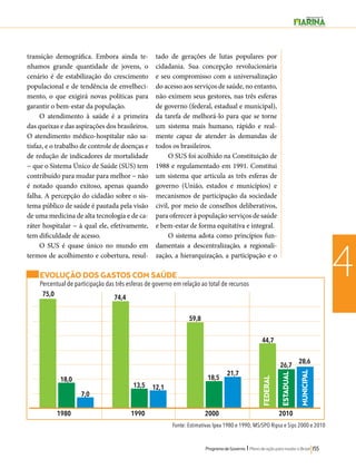 26,7 28,6 
18,5 21,7 
Programa de Governo l Plano de ação para mudar o Brasil 155 
4 
transição demográfica. Embora ainda te-nhamos 
grande quantidade de jovens, o 
cenário é de estabilização do crescimento 
populacional e de tendência de envelheci-mento, 
o que exigirá novas políticas para 
garantir o bem-estar da população. 
O atendimento à saúde é a primeira 
das queixas e das aspirações dos brasileiros. 
O atendimento médico-hospitalar não sa-tisfaz, 
e o trabalho de controle de doenças e 
de redução de indicadores de mortalidade 
− que o Sistema Único de Saúde (SUS) tem 
contribuído para mudar para melhor − não 
é notado quando exitoso, apenas quando 
falha. A percepção do cidadão sobre o sis-tema 
público de saúde é pautada pela visão 
de uma medicina de alta tecnologia e de ca-ráter 
hospitalar − à qual ele, efetivamente, 
tem dificuldade de acesso. 
O SUS é quase único no mundo em 
termos de acolhimento e cobertura, resul-tado 
de gerações de lutas populares por 
cidadania. Sua concepção revolucionária 
e seu compromisso com a universalização 
do acesso aos serviços de saúde, no entanto, 
não eximem seus gestores, nas três esferas 
de governo (federal, estadual e municipal), 
da tarefa de melhorá-lo para que se torne 
um sistema mais humano, rápido e real-mente 
capaz de atender às demandas de 
todos os brasileiros. 
O SUS foi acolhido na Constituição de 
1988 e regulamentado em 1991. Constitui 
um sistema que articula as três esferas de 
governo (União, estados e municípios) e 
mecanismos de participação da sociedade 
civil, por meio de conselhos deliberativos, 
para oferecer à população serviços de saúde 
e bem-estar de forma equitativa e integral. 
O sistema adota como princípios fun-damentais 
a descentralização, a regionali-zação, 
a hierarquização, a participação e o 
EVOLUÇÃO DOS GASTOS COM SAÚDE 
Percentual de participação das três esferas de governo em relação ao total de recursos 
59,8 
1980 1990 2000 2010 
Fonte: Estimativas Ipea 1980 e 1990; MS/SPO Ripsa e Sips 2000 e 2010 
74,4 
13,5 12,1 
75,0 
18,0 
7,0 
44,7 
FEDERAL 
ESTADUAL 
MUNICIPAL 
 
