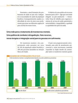Eixo 4 l Políticas Sociais, Saúde e Qualidade de Vida 
Uma rede para o tratamento de transtornos mentais. 
Uma política de combate à drogadicção. Mais recursos, 
novas terapias e integração social para as pessoas em sofrimento. 
Os transtornos mentais e do com-portamento 
estão presentes em cerca 
de 10% da população adulta brasileira e 
20% dos pacientes atendidos na Atenção 
Básica de Saúde. 
2003 2004 2005 2006 2007 
Uso de álcool Uso de outras substâncias psicoativas 
164 Coligação Unidos pelo Brasil l PSB, REDE, PPS, PPL, PRP, PHS, PSL 
O país vem progressivamente estru-turando 
uma rede de atendimento psi-cossocial 
e, nesse movimento, tentando 
responder ao duplo desafio de contem-plar 
tanto os transtornos mentais quanto 
Entretanto, a atual formação dos pro-fissionais 
de saúde no país não é adequa-da 
às necessidades de saúde da população 
brasileira. Consequentemente, amplia-se a 
dificuldade do setor de atrair esses profis-sionais 
para atuar nas diferentes regiões do 
país e de fixá-los nesses locais. 
O objetivo de uma política de recursos 
humanos para o SUS − algo que vem sendo 
relegado no país atualmente − é desen-volver 
força de trabalho para organizar o 
sistema de serviços de saúde, garantindo a 
universalidade, a integralidade, a equidade 
e a qualidade das ações de saúde. 
NÚMERO DE INTERNAÇÕES PELO SUS 
Entre transtornos mentais e comportamentais devido ao uso de substâncias psicoativas 
Fonte: DataSUS, Ministério da Saúde 
1.164 1.113 
1.243 
1.156 1.204 
355 329 
442 
527 
677 
 