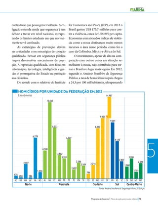2.586 
6.120 
3.288 
2.519 
AC RR AM AP PA RO AL BA CE MA PB PE PI RN SE TO ES MG RJ SP PR RS SC DF GO MS MT 
Norte Nordeste Sudeste Sul 
Programa de Governo l Plano de ação para mudar o Brasil 191 
5 
contra tudo que possa gerar violência. A co-ligação 
entende ainda que segurança é um 
debate a travar em nível nacional, extrapo-lando 
os limites estaduais em que normal-mente 
se vê confinado. 
As estratégias de prevenção devem 
ser articuladas com estratégias de coerção 
qualificada. Pensar em segurança pública 
requer desenvolver mecanismos de coer-ção. 
A repressão qualificada, com foco em 
informação, tecnologia, inteligência e ges-tão, 
é prerrogativa do Estado na proteção 
aos cidadãos. 
De acordo com o relatório do Institute 
for Economics and Peace (IEP), em 2012 o 
Brasil gastou US$ 175,7 milhões para con-ter 
a violência, cerca de US$ 895 per capita. 
Economias com elevados índices de violên-cia 
como a nossa destinaram muito menos 
recursos à área nesse período, como foi o 
caso da Colômbia, México e África do Sul. 
O investimento, apesar de alto na com-paração 
com outros países em situação se-melhante 
à nossa, não contribuiu para tor-nar 
o Brasil um lugar mais seguro. Em 2012, 
segundo o Anuário Brasileiro da Segurança 
Pública, a taxa de homicídios no país chegou 
a 24,3 por 100 mil habitantes, ultrapassando 
Centro-Oeste 
HOMICÍDIOS POR UNIDADE DA FEDERAÇÃO EM 2012 
Em números 
186 
6.779 
476 204 
2.407 
1.054 
4.590 
8.333 
3.281 
Fonte: Anuário Brasileiro da Segurança Pública, 7ª Edição 
12.505 
3.862 
6.469 
1.492 
2.109 
786 
2.216 
9.905 
14.987 
9.201 
2.837 
1.968 
1.101 
8.250 
 