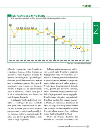 COEFICIENTE DE GINI NO BRASIL 
0,00 representa igualdade perfeita, enquanto 1,00 indica desigualdade perfeita 
1990 1992 1993 1994 1995 1996 1997 1998 1999 2000 2001 2002 2003 2004 2005 2006 2007 2008 2009 2010 2011 2012 
Fonte: IBGE, Pnad. Dados extraídos do Ipeadata 
Programa de Governo l Plano de ação para mudar o Brasil 53 
2 
filhos das pessoas mais ricas. O quadro se 
perpetua ao longo de toda a formação e, 
quando os jovens chegam ao mercado de 
trabalho, as diferenças na capacidade pro-dutiva 
surgem de forma marcante. Mesmo 
com as quedas recentes nas diferenças de 
rendimento entre pessoas com formação 
distinta, a disparidade de oportunidades 
ainda é demasiada, fazendo com que o 
Brasil se mantenha como uma das nações 
mais desiguais do mundo. 
A coligação Unidos pelo Brasil con-sidera 
a construção de uma sociedade 
mais justa como tarefa essencial ao país. 
Por isso, é natural que incorpore em seus 
compromissos econômicos alguns objeti-vos 
claros de melhoria na distribuição de 
renda que deverão pautar todas as suas 
ações ao longo do governo. 
Políticas sociais normalmente melho-ram 
a distribuição de renda. A expansão 
de programas como o Bolsa Família ou o 
Benefício de Prestação Continuada elevam 
os ganhos dos mais pobres e, consequente-mente, 
ajudam a repartir melhor a riqueza. 
A maior parte dos programas de inclusão 
social, quando gera resultados sensíveis, 
tende a resultar em um pouco mais de equi-dade. 
Os programas de habitação popular, 
de melhorias na educação e mesmo de saú-de 
pública também têm impacto relevan-te. 
Ou seja, os objetivos da distribuição de 
renda, ao longo de nosso governo, deverão 
estar presentes em diversas políticas sociais 
(leia mais sobre o tema no Eixo 4 − Políticas 
Sociais, Saúde e Qualidade de Vida). 
Dados da Pesquisa Nacional por 
Amostra de Domicílio (Pnad-IBGE) até 
0,61 
0,60 0,60 0,60 0,60 0,60 0,60 0,60 
0,58 0,58 
0,57 
0,56 
0,54 0,54 
0,53 0,53 
0,55 
0,57 
0,56 
0,59 0,59 
 