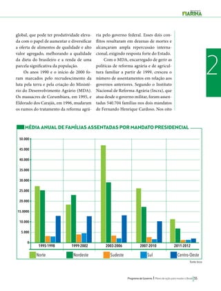 1995-1998 1999-2002 2003-2006 2007-2010 2011-2012 
Programa de Governo l Plano de ação para mudar o Brasil 55 
2 
global, que pode ter produtividade eleva-da 
com o papel de aumentar e diversificar 
a oferta de alimentos de qualidade e alto 
valor agregado, melhorando a qualidade 
da dieta do brasileiro e a renda de uma 
parcela significativa da população. 
Os anos 1990 e o início de 2000 fo-ram 
marcados pelo recrudescimento da 
luta pela terra e pela criação do Ministé-rio 
do Desenvolvimento Agrário (MDA). 
Os massacres de Corumbiara, em 1995, e 
Eldorado dos Carajás, em 1996, mudaram 
os rumos do tratamento da reforma agrá-ria 
pelo governo federal. Esses dois con-flitos 
resultaram em dezenas de mortes e 
alcançaram ampla repercussão interna-cional, 
exigindo resposta forte do Estado. 
Com o MDA, encarregado de gerir as 
políticas de reforma agrária e de agricul-tura 
familiar a partir de 1999, cresceu o 
número de assentamentos em relação aos 
governos anteriores. Segundo o Instituto 
Nacional de Reforma Agrária (Incra), que 
atua desde o governo militar, foram assen-tadas 
540.704 famílias nos dois mandatos 
de Fernando Henrique Cardoso. Nos oito 
MÉDIA ANUAL DE FAMÍLIAS ASSENTADAS POR MANDATO PRESIDENCIAL 
Fonte Incra 
50.000 
45.000 
40.000 
35.000 
30.000 
25.000 
20.000 
15.0000 
10.000 
5.000 
0 
Norte Nordeste Sudeste Sul Centro-Oeste 
 