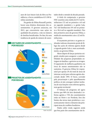 Eixo 2 l Economia para o Desenvolvimento Sustentável 
anos de Luiz Inácio Lula da Silva na Pre-sidência, 
o Incra contabilizou 615.198 fa-mílias 
assentadas. 
Na gestão de Dilma Rousseff, porém, 
houve uma drástica diminuição dos as-sentamentos. 
O governo anunciou, em 
2013, que concentraria suas ações na 
qualidade dos projetos, e não no número 
de famílias beneficiadas. De fato, há uma 
tendência de queda do número de assen-tados 
2%1% Norte 
4% 
56 Coligação Unidos pelo Brasil l PSB, REDE, PPS, PPL, PRP, PHS, PSL 
desde a metade da década passada. 
A título de comparação, o governo 
FHC assentou uma média de 67,5 mil fa-mílias/ 
ano (72 mil no primeiro e 63 mil 
no segundo mandato); e a gestão Lula, 
76,7 mil famílias/ano (95 mil no primei-ro 
e 58,4 mil no segundo mandato). Nos 
dois primeiros anos do governo Dilma, a 
média de assentamentos caiu a 22 mil fa-mílias/ 
ano. 
O orçamento previsto e os gastos re-alizados 
indicam claramente perda de fô-lego 
das ações de reforma agrária desde 
a segunda gestão Lula e, mais acentuada-mente, 
no governo Dilma. 
Meses depois de lançar portarias exi-gindo 
estudos para assegurar a sustenta-bilidade 
das pequenas propriedades en-tregues 
às famílias, o governo as revogou. 
O argumento de melhoria qualitativa em 
troca de menos assentamentos não se 
sustentou. O governo Dilma foi respon-sável 
por apenas 2% do total de áreas de 
interesse social para reforma agrária des-cretado 
desde 1995. O Incra, corroído 
pela precarização e pelo aparelhamento 
político, já não consegue realizar nenhu-ma 
de suas funções: nem reforma agrária, 
nem gestão territorial. 
O balanço do programa até agora 
mostra que 88% da área destinada à re-forma 
agrária e 74% dos assentamentos 
estão no Norte e no Nordeste, fora dos 
limites das terras mais produtivas e eco-nomicamente 
viáveis e distantes das prin-cipais 
áreas de conflitos fundiários. 
Dados sobre renda sugerem ainda 
que boa parte dos assentamentos são lu- 
76% 
9% 
12% 
Nordeste 
Sudeste 
Sul 
Centro-Oeste 
Norte 
Nordeste 
Sudeste 
Sul 
Centro-Oeste 
PROJETOS DE ASSENTAMENTO 
POR REGIÃO 
41% 
17% 
5% 
33% 
Fonte: Incra 2013 
HECTARES DE ASSENTAMENTO 
POR REGIÃO 
 