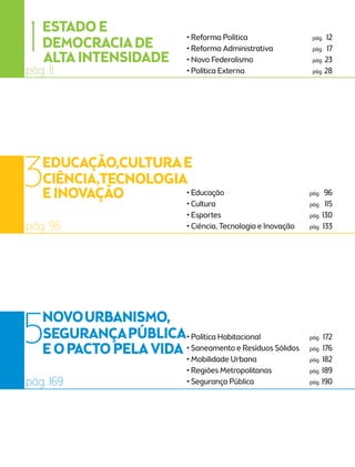 • Reforma Política pág. 12 
• Reforma Administrativa pág. 17 
• Novo Federalismo pág. 23 
• Política Externa pág. 28 
• Educação pág. 96 
• Cultura pág. 115 
• Esportes pág. 130 
• Ciência, Tecnologia e Inovação pág. 133 
• Política Habitacional pág. 172 
• Saneamento e Resíduos Sólidos pág. 176 
• Mobilidade Urbana pág. 182 
• Regiões Metropolitanas pág. 189 
• Segurança Pública pág. 190 
1 
pág. 11 
3 
pág. 95 
5 
pág. 169 
 