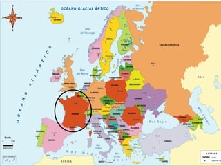 FRANCIA
Ubicación: limita, al sur, con el mar
Mediterráneo, el enclave de Mónaco e Italia; al
suroeste, con España, Andorra
Capital: París
Presidente: François Hollande
Primer ministro: Manuel Valls
Población: 66,03 millones (2013)
Idioma oficial: Idioma francés
 