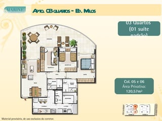 Apto. 03 quartos – Ed. Milos Col. 05 e 06 Área Privativa: 120,57m² 03 Quartos  (01 suíte padrão) Material provisório, de uso exclusivo do corretor. 