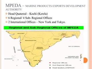 MPEDA  –  MARINE PRODUCTS EXPORTS DEVELOPMENT AUTHORITY Head Quatered – Kochi (Kerela) 6 Regional/ 4 Sub- Regional Offices 2 International Offices – New York and Tokyo. 