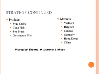 STRATEGY CONTINUED Products Mud Crabs Tuna Fish Sea Brass Ornamental Fish Markets Vietnam Belgium Canada Germany Hong Kong China Processed  Exports    Vannamei Shrimps  