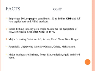 FACTS CONT Employees  30 Lac people , contributes  1% to Indian GDP  and 4.5 % to Agriculture and Allied products. Indian Fishing Industry got a major boost after the declaration of  EEZ (Exclusive Economic Zone) in 1977. Major Exporting States are AP, Kerala, Tamil Nadu, West Bengal. Potentially Unexplored states are Gujarat, Orissa, Maharashtra. Major products are Shrimps, frozen fish, cuttlefish, squid and dried items.  