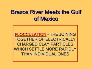 Brazos River Meets the GulfBrazos River Meets the Gulf
of Mexicoof Mexico
FLOCCULATIONFLOCCULATION - THE JOINING- THE JOINING
TOGETHER OF ELECTRICALLYTOGETHER OF ELECTRICALLY
CHARGED CLAY PARTICLESCHARGED CLAY PARTICLES
WHICH SETTLE MORE RAPIDLYWHICH SETTLE MORE RAPIDLY
THAN INDIVIDUAL ONESTHAN INDIVIDUAL ONES
 