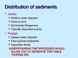 Distribution of sedimentsDistribution of sediments
 NeriticNeritic
 Shallow water depositsShallow water deposits
 Close to landClose to land
 Dominantly lithogenousDominantly lithogenous
 Typically deposited quicklyTypically deposited quickly
 PelagicPelagic
 Deeper water depositsDeeper water deposits
 Finer-grained sedimentsFiner-grained sediments
 Deposited slowlyDeposited slowly
UNDERSTANDING THE PROCESSES WOULDUNDERSTANDING THE PROCESSES WOULD
ALLOW YOU TO GENERATE THIS TABLEALLOW YOU TO GENERATE THIS TABLE
YOURSELVESYOURSELVES
 