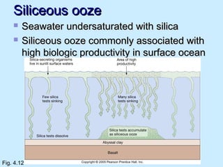 Siliceous oozeSiliceous ooze
 Seawater undersaturated with silicaSeawater undersaturated with silica
 Siliceous ooze commonly associated withSiliceous ooze commonly associated with
high biologic productivity in surface oceanhigh biologic productivity in surface ocean
Fig. 4.12
 