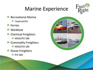 Marine Experience
Recreational Marine
Superyachts
Ferries
Workboat
Chemical Freighters
MGO/IFO 180
Commodity Freighters
MGO/IFO 180
Ocean Freighters
IFO 380
11
 