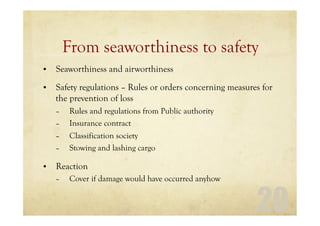 20
From seaworthiness to safety
• Seaworthiness and airworthiness
• Safety regulations – Rules or orders concerning measures for
the prevention of loss
– Rules and regulations from Public authority
– Insurance contract
– Classification society
– Stowing and lashing cargo
• Reaction
– Cover if damage would have occurred anyhow
 