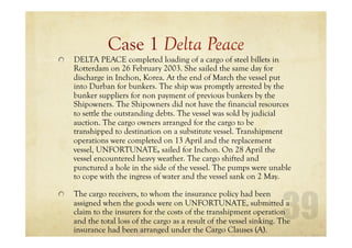 Case 1 Delta Peace
DELTA PEACE completed loading of a cargo of steel billets in
Rotterdam on 26 February 2003. She sailed the same day for
discharge in Inchon, Korea. At the end of March the vessel put
into Durban for bunkers. The ship was promptly arrested by the
bunker suppliers for non payment of previous bunkers by the
Shipowners. The Shipowners did not have the financial resources
to settle the outstanding debts. The vessel was sold by judicial
auction. The cargo owners arranged for the cargo to be
transhipped to destination on a substitute vessel. Transhipment
operations were completed on 13 April and the replacement
vessel, UNFORTUNATE, sailed for Inchon. On 28 April the
vessel encountered heavy weather. The cargo shifted and
punctured a hole in the side of the vessel. The pumps were unable
to cope with the ingress of water and the vessel sank on 2 May.
The cargo receivers, to whom the insurance policy had been
assigned when the goods were on UNFORTUNATE, submitted a
claim to the insurers for the costs of the transhipment operation
and the total loss of the cargo as a result of the vessel sinking. The
insurance had been arranged under the Cargo Clauses (A).
 