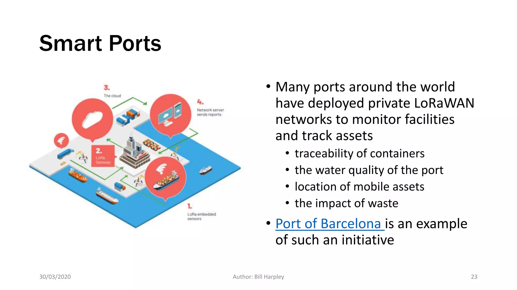 Smart Ports
• Many ports around the world
have deployed private LoRaWAN
networks to monitor facilities
and track assets
• traceability of containers
• the water quality of the port
• location of mobile assets
• the impact of waste
• Port of Barcelona is an example
of such an initiative
30/03/2020 Author: Bill Harpley 23
 