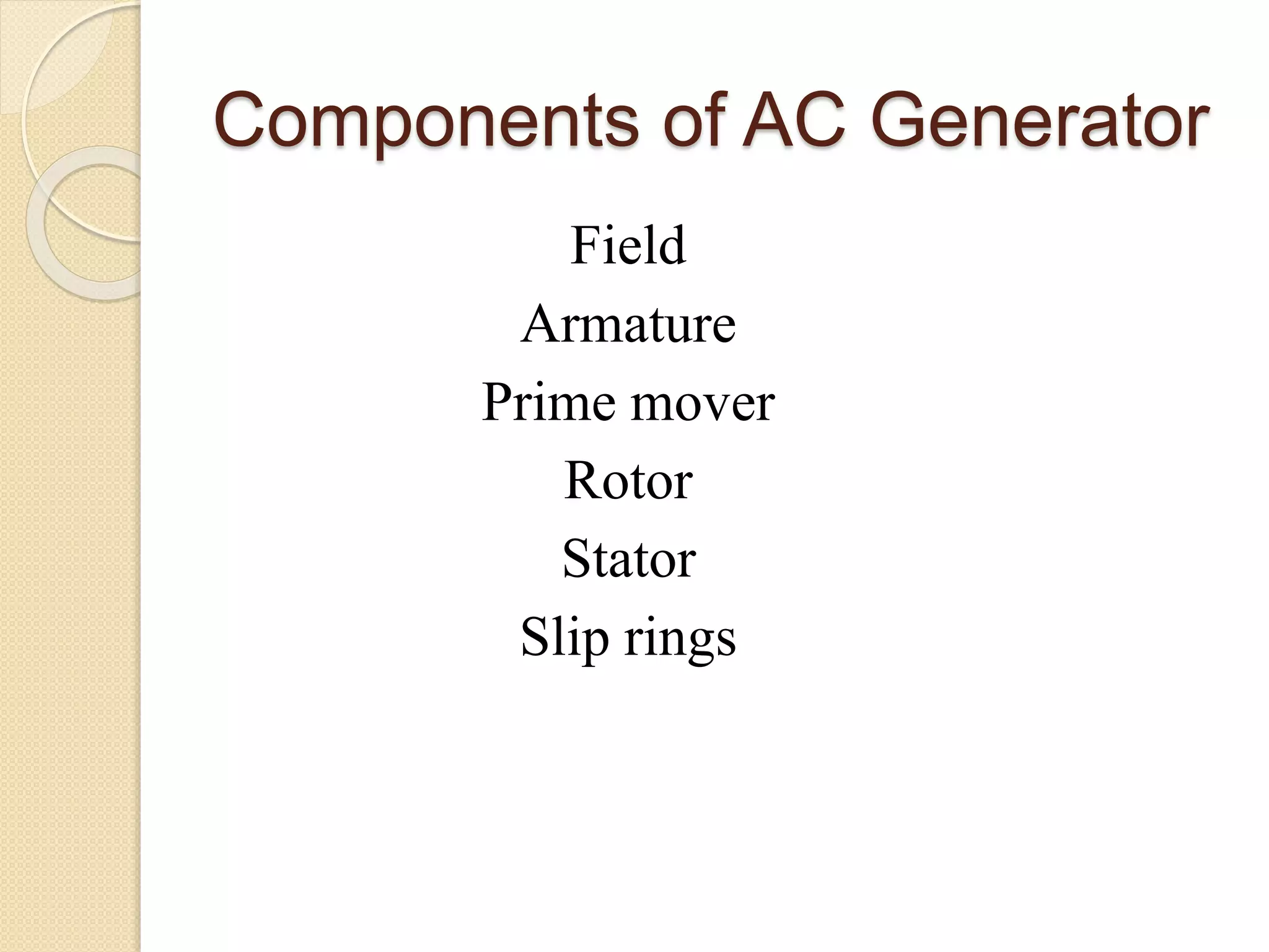 Components of AC Generator
Field
Armature
Prime mover
Rotor
Stator
Slip rings
 