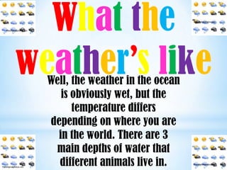What the
   Freedigitalphotos.net
                                                            Freedigitalphotos.net




            weather’s like Well, the weather in the ocean
                              is obviously wet, but the
                                 temperature differs
                           depending on where you are
                             in the world. There are 3
                            main depths of water that
Freedigitalphotos.net
                             different animals live in.     Freedigitalphotos.net
 