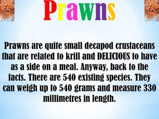 Freeimages.co.uk




                   Prawns                  Freeimages.co.uk




 Prawns are quite small decapod crustaceans
that are related to krill and DELICIOUS to have
   as a side on a meal. Anyway, back to the
  facts. There are 540 existing species. They
can weigh up to 540 grams and measure 330
             millimetres in length.
 