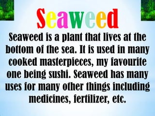 Seaweed
Freeimages.co.uk                      Freeimages.co.uk




     Seaweed is a plant that lives at the
    bottom of the sea. It is used in many
     cooked masterpieces, my favourite
    one being sushi. Seaweed has many
    uses for many other things including
          medicines, fertilizer, etc.
 