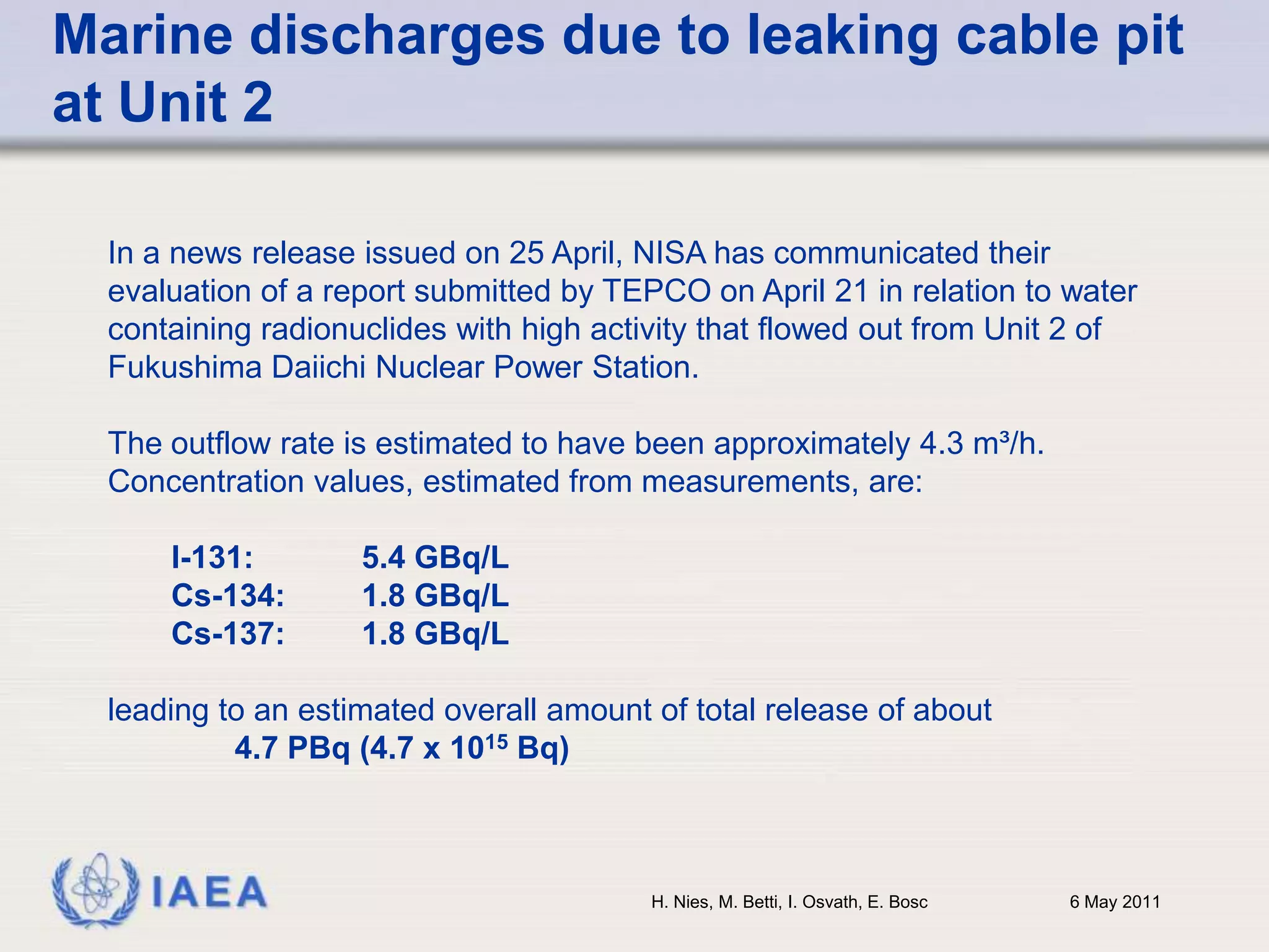 Authorized discharge of low level contaminated water (beginning of April for about 5 days)