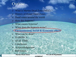 Outline
 What is Marine Dead Zone (MDZ) ?
 History of Ocean Dead Zones
 Dead zones around the world
 How this happens?
 What causes hypoxia?
 When does the hypoxia occur?
 Environmental, Social & Economic effects
 What can be done?
 HABHRCA
 QUIZ TIME
 Conclusion
 Acknowledgement
 References
    Marine Dead Zones               W.A.D.M.Wijethilake   31
                        AS2009167
 