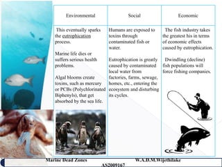 Environmental                    Social               Economic

    This eventually sparks     Humans are exposed to    The fish industry takes
   the eutrophication          toxins through          the greatest his in terms
   process.                    contaminated fish or    of economic effects
                               water.                  caused by eutrophication.
   Marine life dies or
   suffers serious health    Eutrophication is greatly  Dwindling (decline)
   problems.                 caused by contaminated fish populations will
                             local water from          force fishing companies.
   Algal blooms create       factories, farms, sewage,
   toxins, such as mercury homes, etc., entering the
   or PCBs (Polychlorinated ecosystem and disturbing
   Biphenyls), that get      its cycles.
   absorbed by the sea life.




Marine Dead Zones                           W.A.D.M.Wijethilake    32
                             AS2009167
 