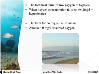  The technical term for low oxygen = hypoxia.
                     When oxygen concentration falls below 2mg/l =
                      hypoxic area

                       The term for no oxygen is = anoxia.
                       Anoxia = 0 mg/l dissolved oxygen




Marine Dead Zones                W.A.D.M.Wijethiake           6   AS2009167
 