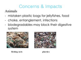 Concerns & Impacts Animals mistaken plastic bags for jellyfishes, food choke, entanglement, infections biodegradables may block their digestive system plastics fishing nets 
