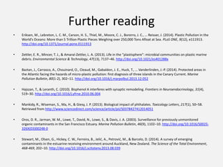 Further reading
• Eriksen, M., Lebreton, L. C. M., Carson, H. S., Thiel, M., Moore, C. J., Borerro, J. C., … Reisser, J. (2014). Plastic Pollution in the
World’s Oceans: More than 5 Trillion Plastic Pieces Weighing over 250,000 Tons Afloat at Sea. PLoS ONE, 9(12), e111913.
http://doi.org/10.1371/journal.pone.0111913
• Zettler, E. R., Mincer, T. J., & Amaral-Zettler, L. A. (2013). Life in the “plastisphere”: microbial communities on plastic marine
debris. Environmental Science & Technology, 47(13), 7137–46. http://doi.org/10.1021/es401288x
• Baztan, J., Carrasco, A., Chouinard, O., Cleaud, M., Gabaldon, J. E., Huck, T., … Vanderlinden, J.-P. (2014). Protected areas in
the Atlantic facing the hazards of micro-plastic pollution: first diagnosis of three islands in the Canary Current. Marine
Pollution Bulletin, 80(1-2), 302–11. http://doi.org/10.1016/j.marpolbul.2013.12.052
• Hajszan, T., & Leranth, C. (2010). Bisphenol A interferes with synaptic remodeling. Frontiers in Neuroendocrinology, 31(4),
519–30. http://doi.org/10.1016/j.yfrne.2010.06.004
• Mankidy, R., Wiseman, S., Ma, H., & Giesy, J. P. (2013). Biological impact of phthalates. Toxicology Letters, 217(1), 50–58.
Retrieved from http://www.sciencedirect.com/science/article/pii/S0378427412014051
• Oros, D. R., Jarman, W. M., Lowe, T., David, N., Lowe, S., & Davis, J. A. (2003). Surveillance for previously unmonitored
organic contaminants in the San Francisco Estuary. Marine Pollution Bulletin, 46(9), 1102–10. http://doi.org/10.1016/S0025-
326X(03)00248-0
• Stewart, M., Olsen, G., Hickey, C. W., Ferreira, B., Jelić, A., Petrović, M., & Barcelo, D. (2014). A survey of emerging
contaminants in the estuarine receiving environment around Auckland, New Zealand. The Science of the Total Environment,
468-469, 202–10. http://doi.org/10.1016/j.scitotenv.2013.08.039
 