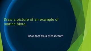 Draw a picture of an example of
marine biota.
What does biota even mean??
 
