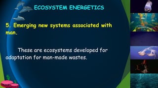 5. Emerging new systems associated with
man.
These are ecosystems developed for
adaptation for man-made wastes.
ECOSYSTEM ENERGETICS
 