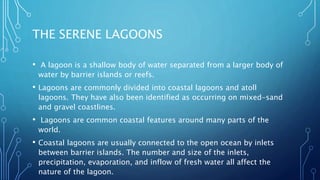 THE SERENE LAGOONS
• A lagoon is a shallow body of water separated from a larger body of
water by barrier islands or reefs.
• Lagoons are commonly divided into coastal lagoons and atoll
lagoons. They have also been identified as occurring on mixed-sand
and gravel coastlines.
• Lagoons are common coastal features around many parts of the
world.
• Coastal lagoons are usually connected to the open ocean by inlets
between barrier islands. The number and size of the inlets,
precipitation, evaporation, and inflow of fresh water all affect the
nature of the lagoon.
 