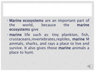• Marine ecosystems are an important part of
the world, because the marine
ecosystems give
• marine life such as: tiny plankton, fish,
crustaceans,invertebrates,reptiles, marine M
ammals, sharks, and rays a place to live and
survive. It also gives those marine animals a
place to hunt.
 