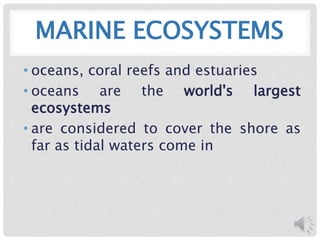 MARINE ECOSYSTEMS
• oceans, coral reefs and estuaries
• oceans are the world's largest
ecosystems
• are considered to cover the shore as
far as tidal waters come in
 