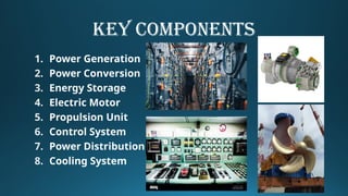 KEY COMPONENTS
1. Power Generation
2. Power Conversion
3. Energy Storage
4. Electric Motor
5. Propulsion Unit
6. Control System
7. Power Distribution
8. Cooling System
 
