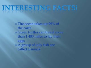 o The ocean takes up 99% of
  the earth.
o Green turtles can travel more
  than 1,400 miles to lay their
  eggs
o A group of jelly fish are
  called a smack
 